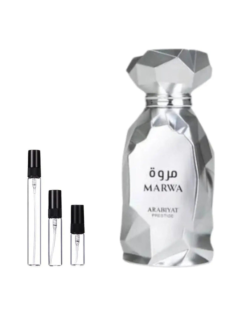 Arabiyat Prestige Marwa sample – decant naast de volle fles ter herkenning