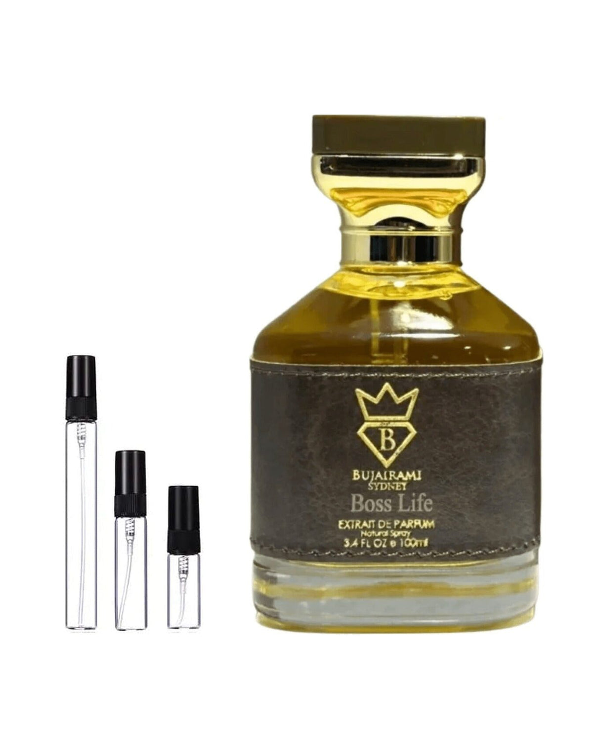 Bujairami Boss Life sample – decant naast de volle fles ter herkenning