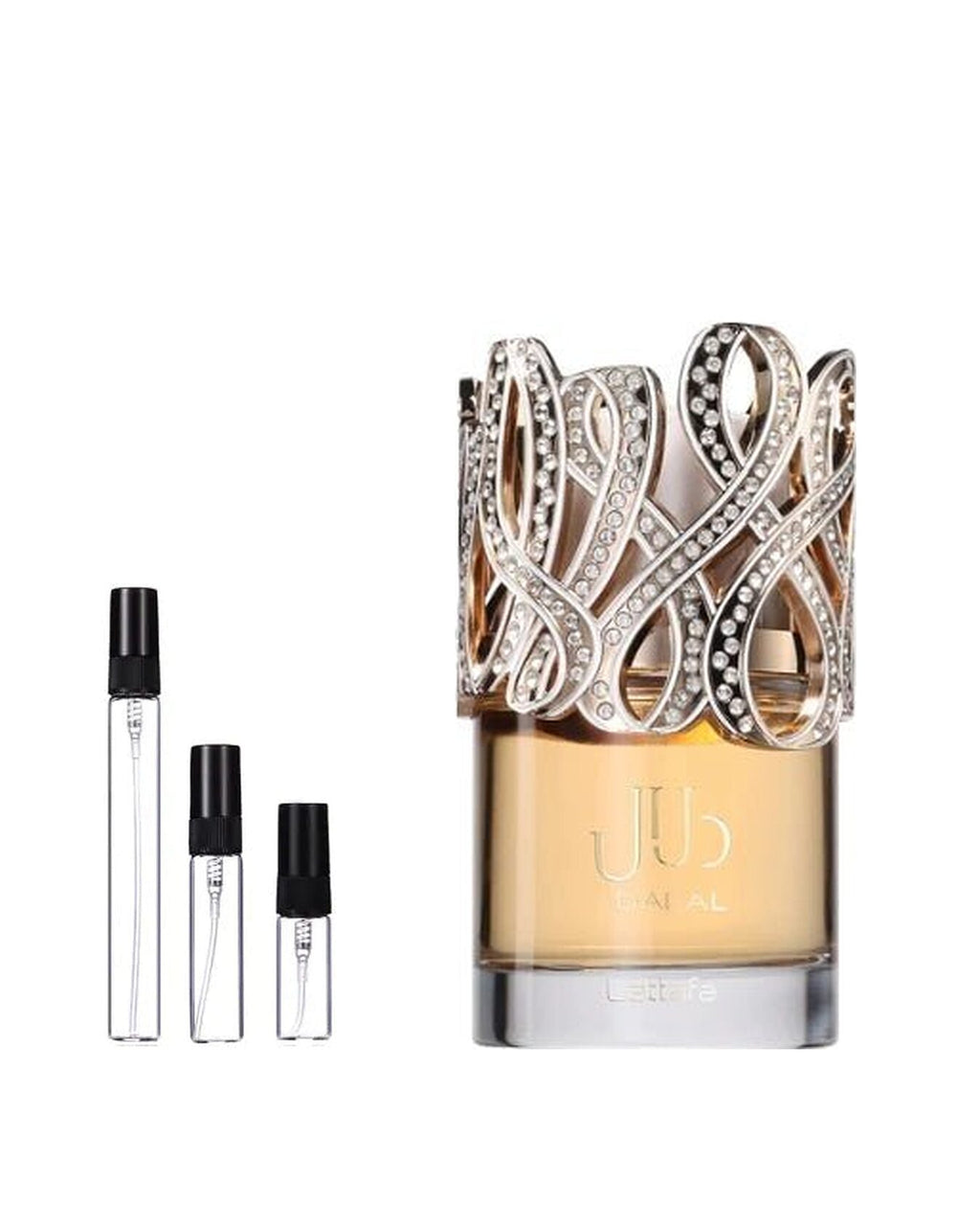 Lattafa Dalal sample – decant naast de volle fles ter herkenning
